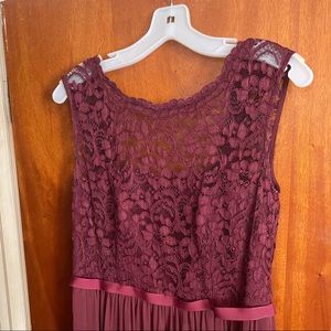 David’s Bridal floor length lace bridesmaids dress in Wine.